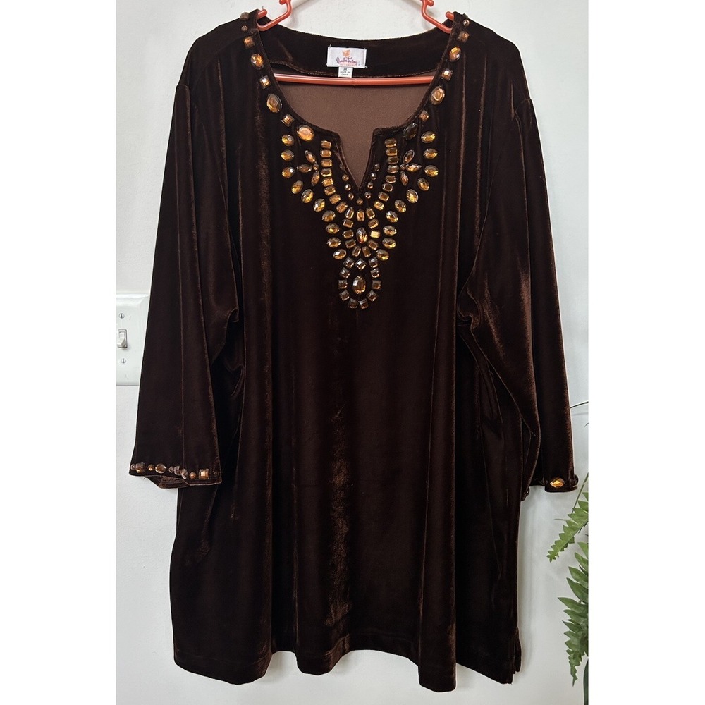 Quacker Factory Brown Bronze V-Neck Velvet Bead Tunic Top Whimsigoth Fairy 3X